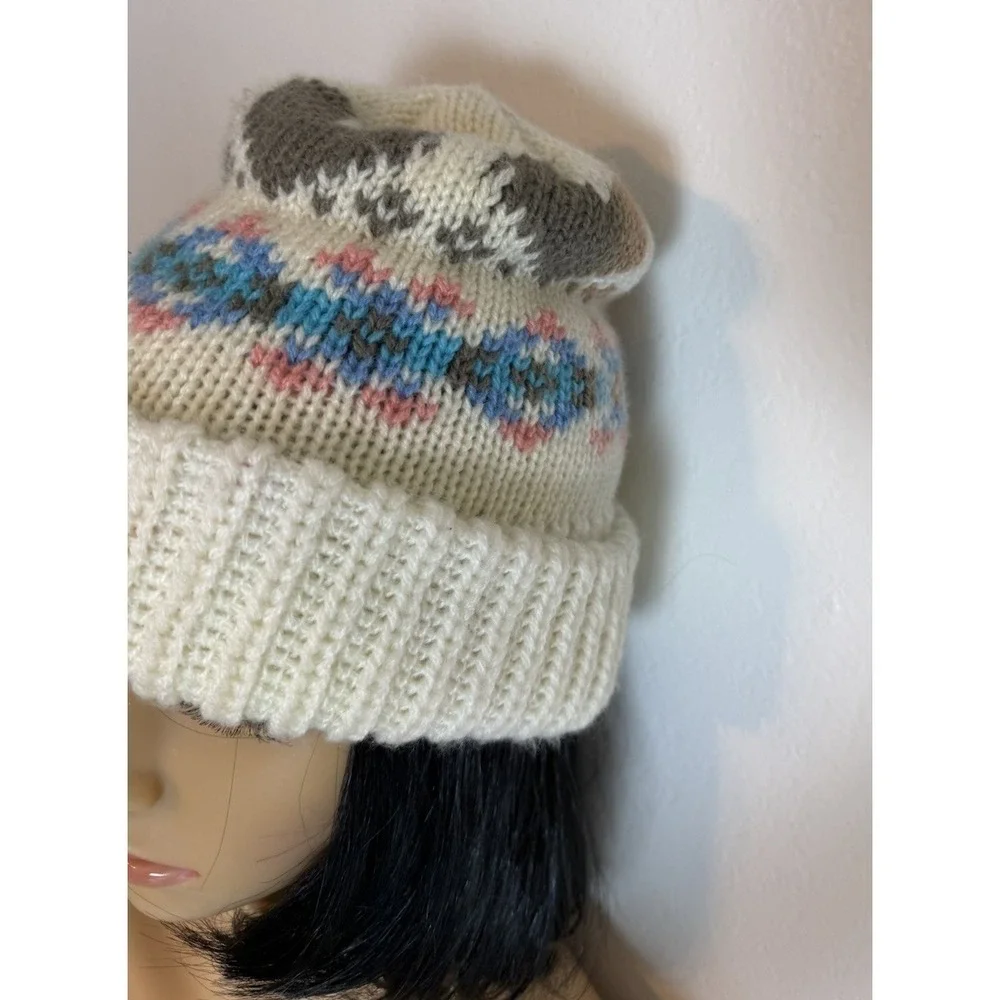Womens 70s 80s Vintage Fair Isle Knit Beanie Hat Cream Brown Cuffed Heart Motif